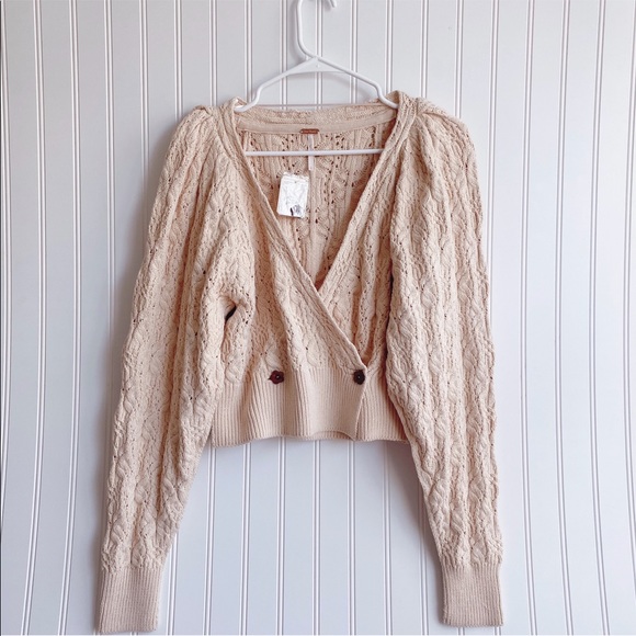 Free People Olive You Surplice V-Neck Texture Cable Wrap Cardigan In Macadamia - Picture 9 of 13